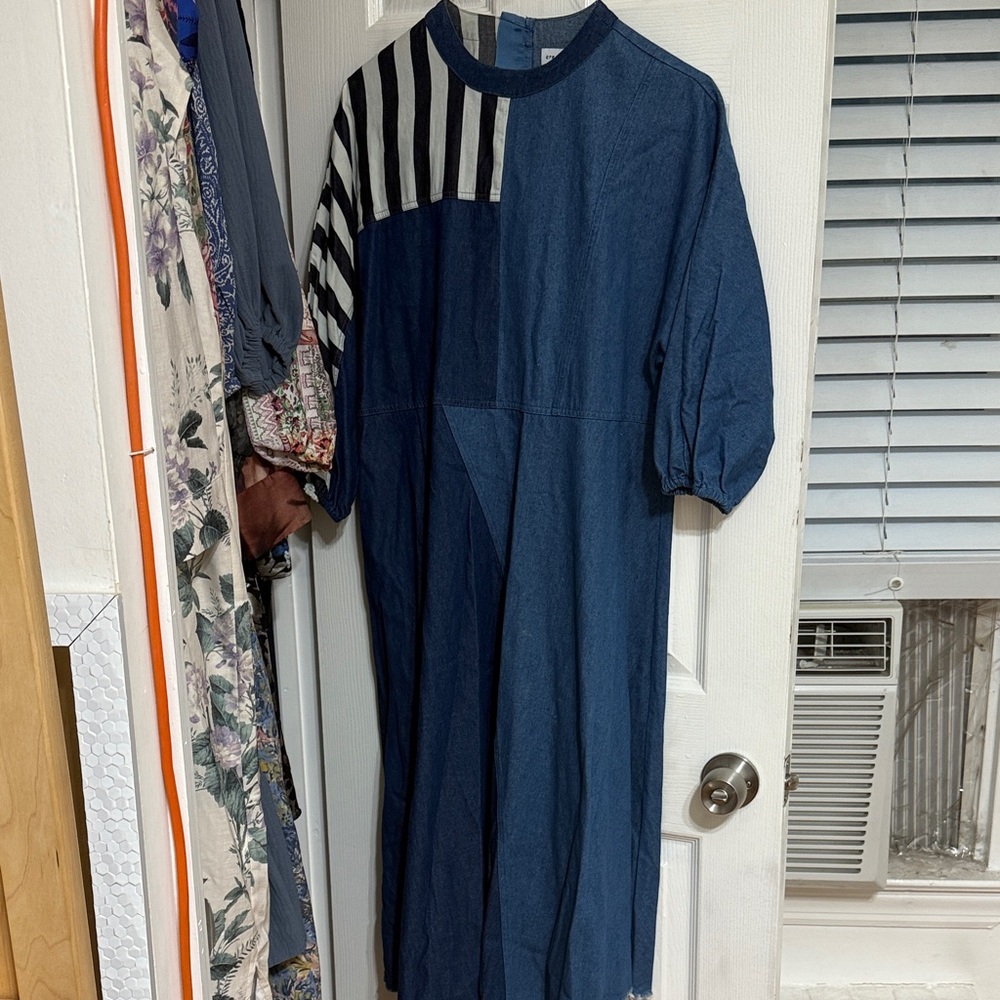 Blue Denim Midi Dress with Black & White Stripe Detail